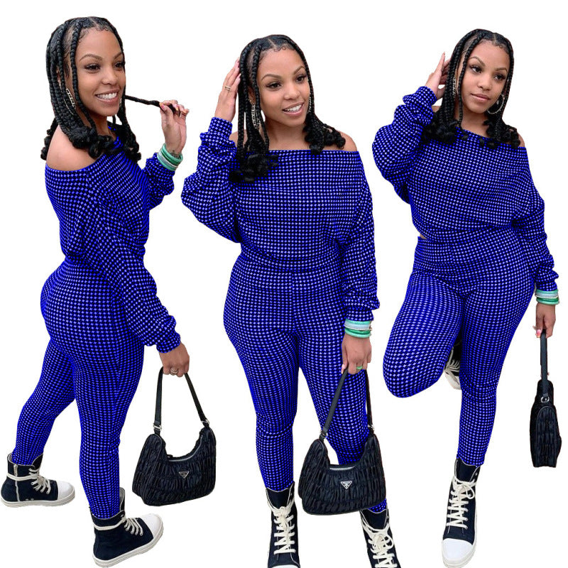 Conjunto de dos piezas de top y pantalón holgados informales de manga larga con cuello oblicuo y estampado a cuadros para mujer