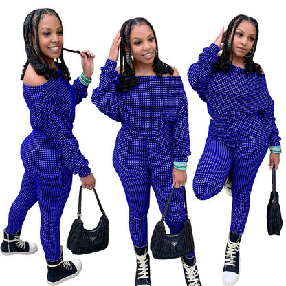 Conjunto de dos piezas de top y pantalón holgados informales de manga larga con cuello oblicuo y estampado a cuadros para mujer