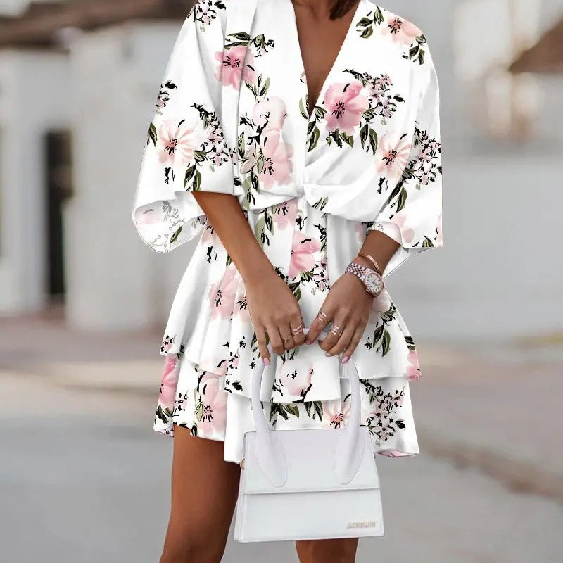 Women Fashion Casual Boho Style V-Neck Loose Dolman Sleeve Graphic Printed Dress