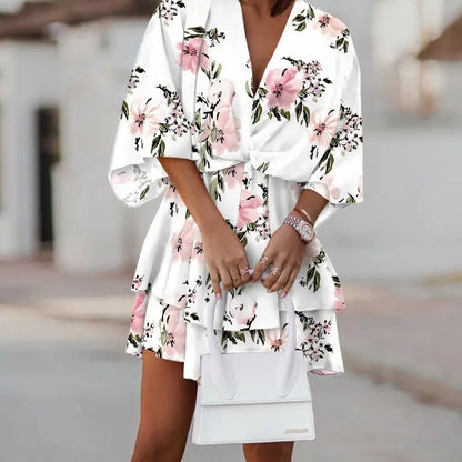 Women Fashion Casual Boho Style V-Neck Loose Dolman Sleeve Graphic Printed Dress