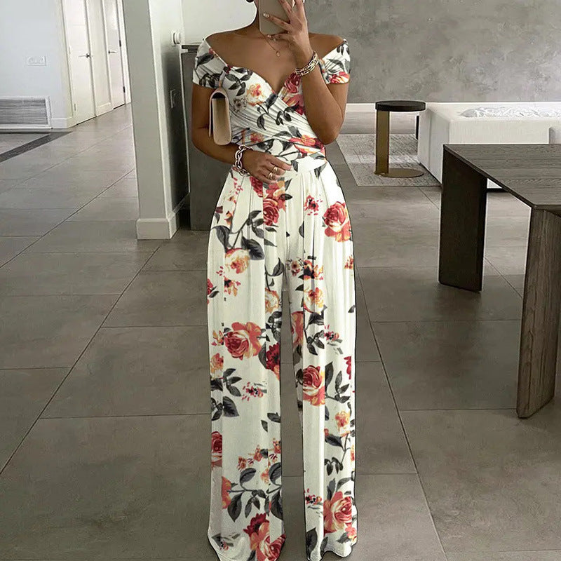 Women Elegant Off-shoulder Floral Print Casual High Waist Wed Leg Jumpsuits