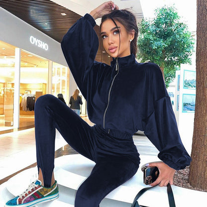 Conjunto deportivo informal de tres piezas para mujer, con top de manga larga, top de tubo y pantalones, en color liso