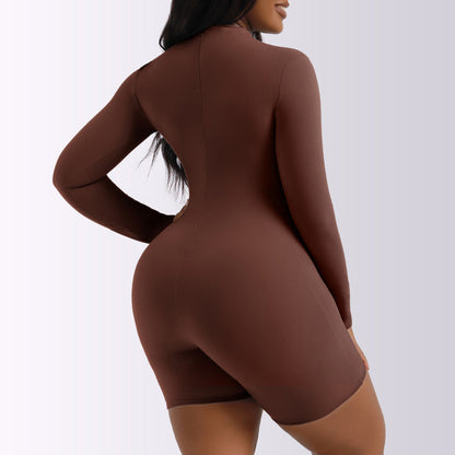 Mono informal de color liso con manga larga, cuello redondo y cintura sencilla para mujer