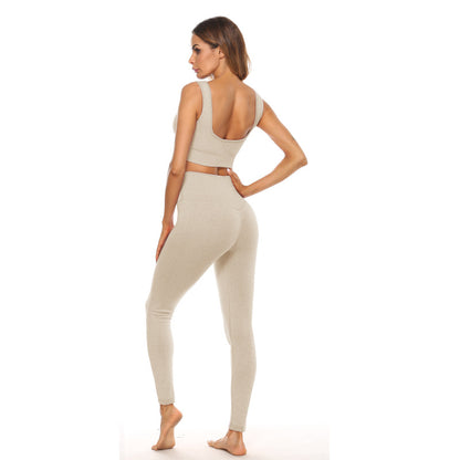 Conjunto deportivo de dos piezas para mujer, color sólido, con cuello en U, camiseta corta y pantalones de cintura alta, para yoga y deportes.