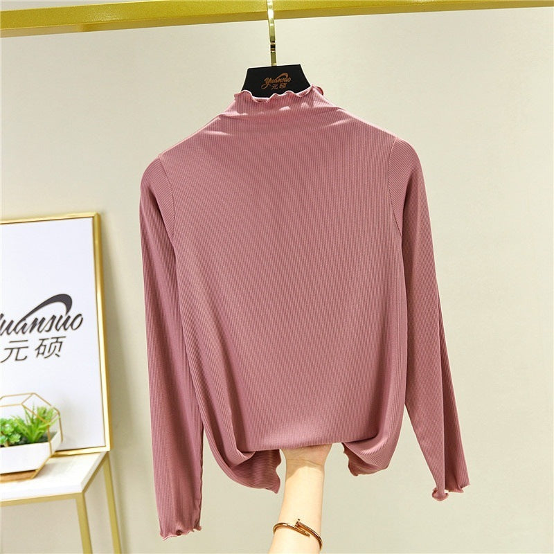 Camiseta básica informal de manga larga con cuello alto para mujer pequeña