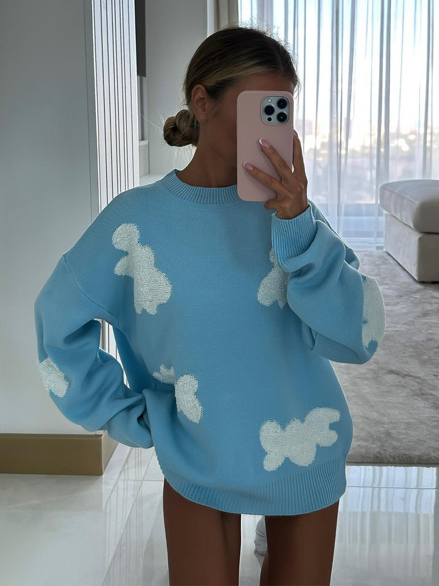 Women Fashion Cute Heart-Shaped Round Neck Winter Loose Casual Knitted Sweater