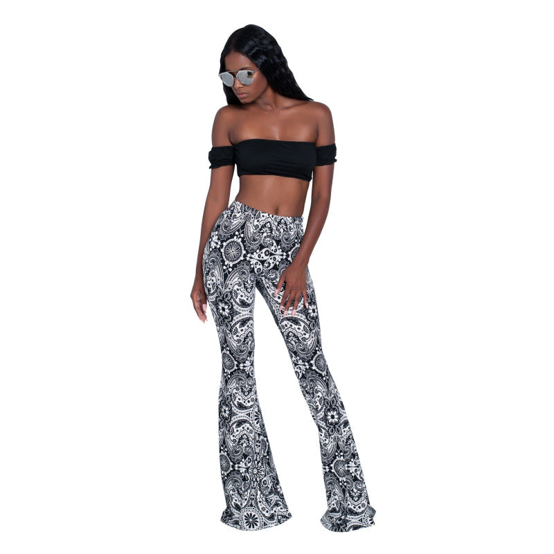 Women Printed High Waist Fashion Casual Flared Pants