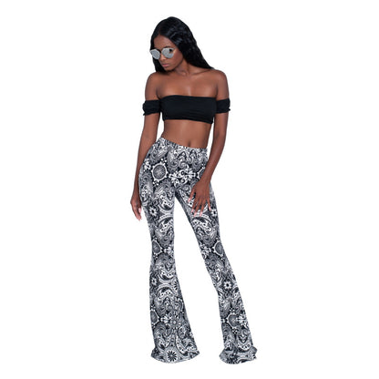 Women Printed High Waist Fashion Casual Flared Pants