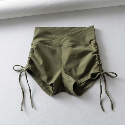 Women Solid Pleated Drawstring High Waist Casual Sports Shorts