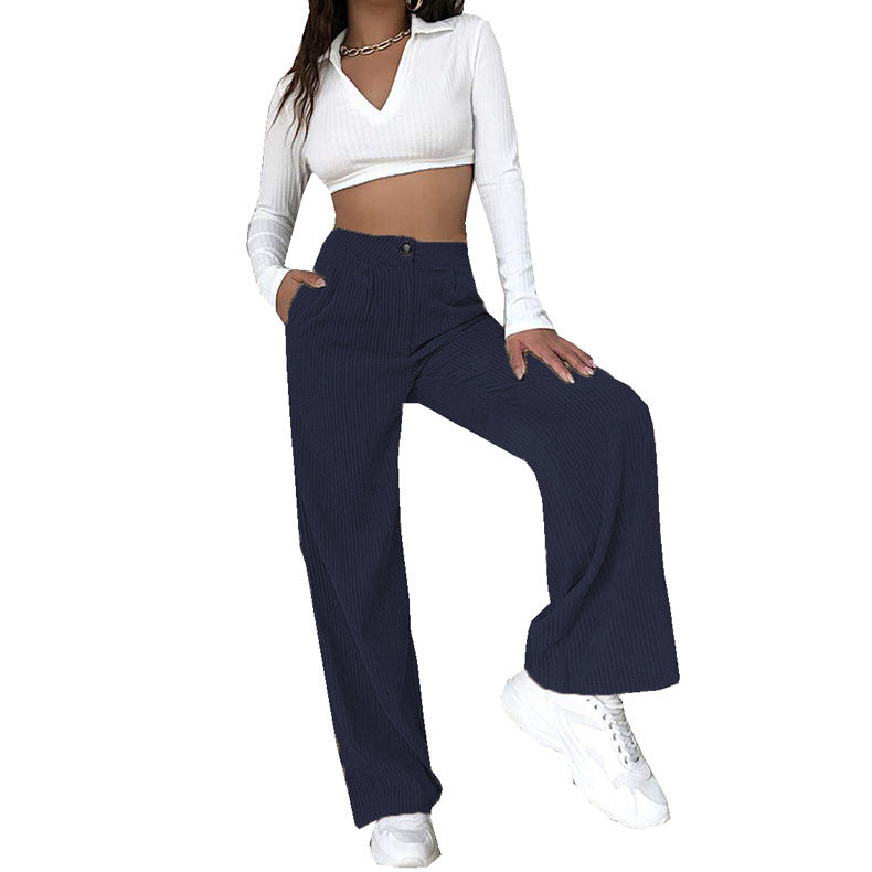 Women Solid Color Button High Waist Casual Loose Wide Leg Pants