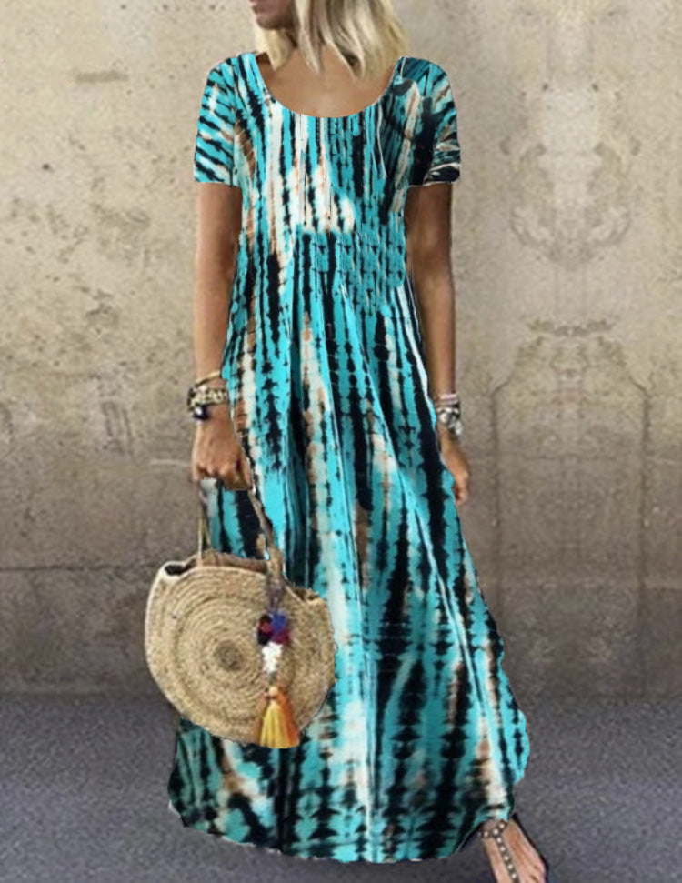 Vestido largo holgado informal de manga corta con cuello redondo y estampado tie-dye para mujer