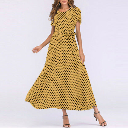 Women Casual Elegant Round Neck Short-Sleeved Polka Dot Print Midi Dress