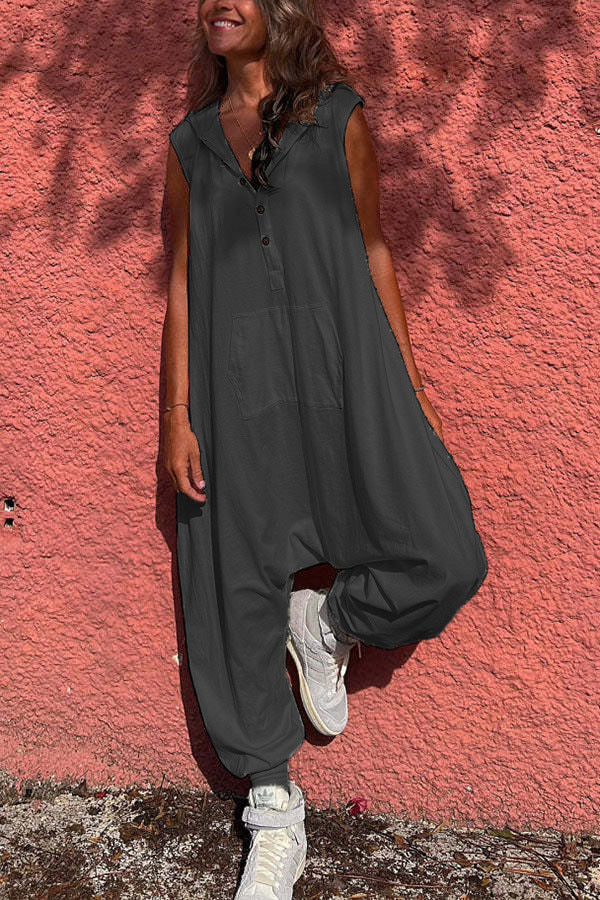 Women'S Fashion Solid Color Casual Hooded Single-Breasted Loose Jumpsuits