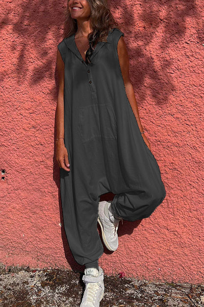 Women'S Fashion Solid Color Casual Hooded Single-Breasted Loose Jumpsuits