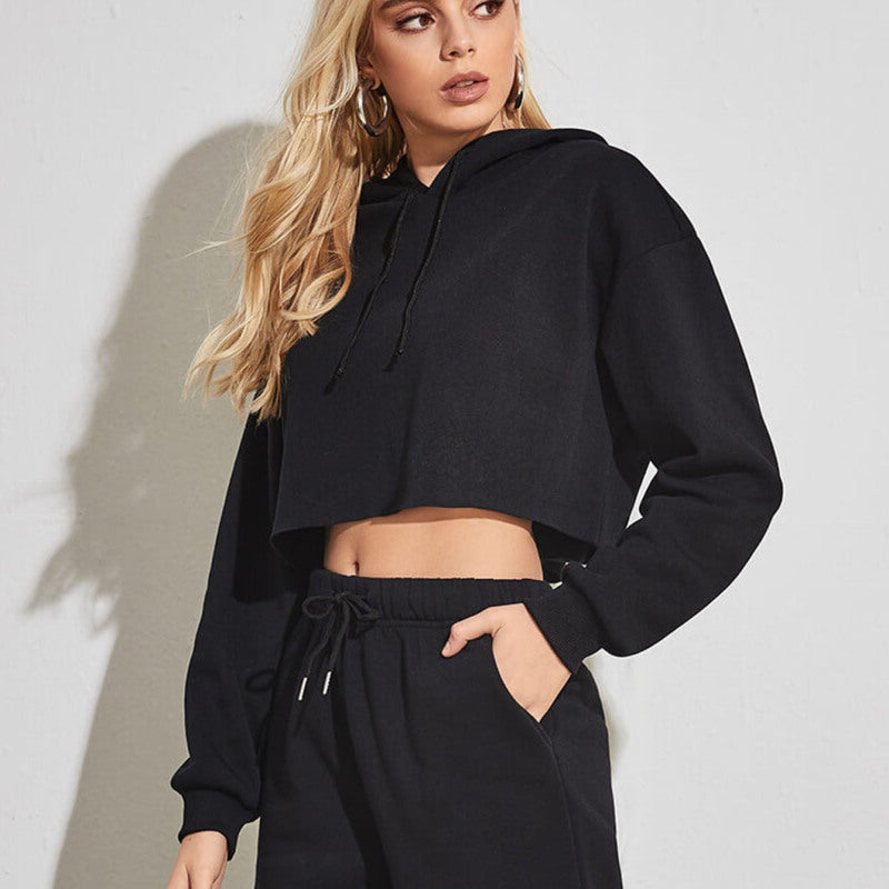 Sudadera corta básica informal de polar de color liso con mangas largas para mujer