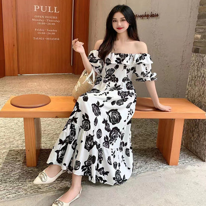 Women Vacation Casual Retro Multicolor Square Neck Printed Waist Puff Sleeve Dress