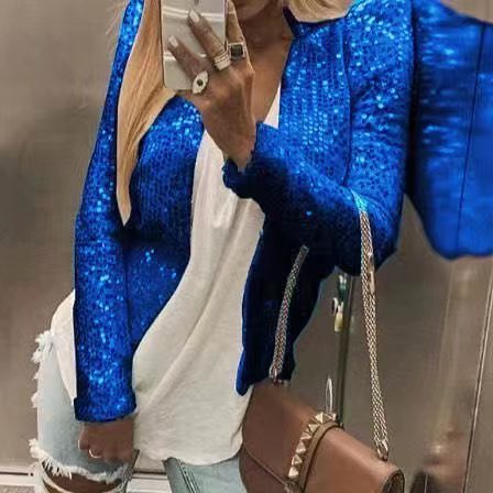 Chaqueta informal elegante de manga larga con lentejuelas de color liso a la moda para mujer