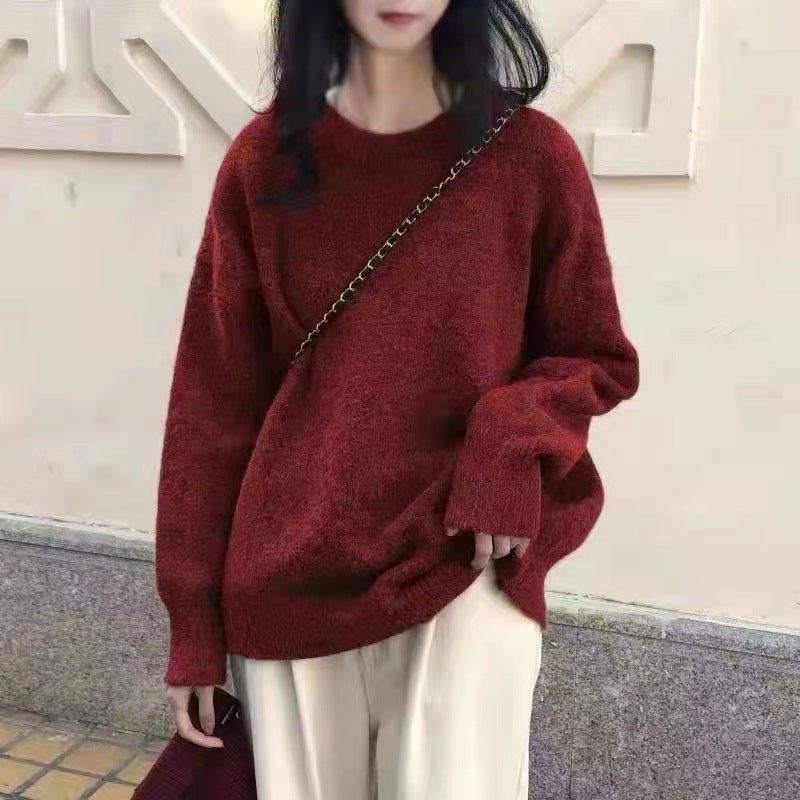 Women Fashion Casual Loose Solid Color Round Neck Long Sleeve Knitwear