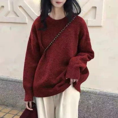 Women Fashion Casual Loose Solid Color Round Neck Long Sleeve Knitwear