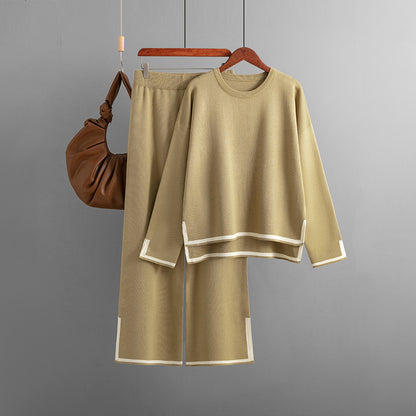 Conjunto de dos piezas de pantalón ancho de punto de manga larga con abertura en contraste para mujer, informal, para otoño e invierno