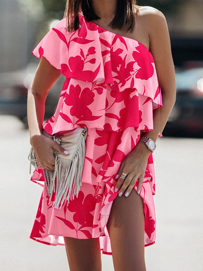 Women Elegant Bohemian Ruffled Casual Floral Print Oblique Shoulder Dress