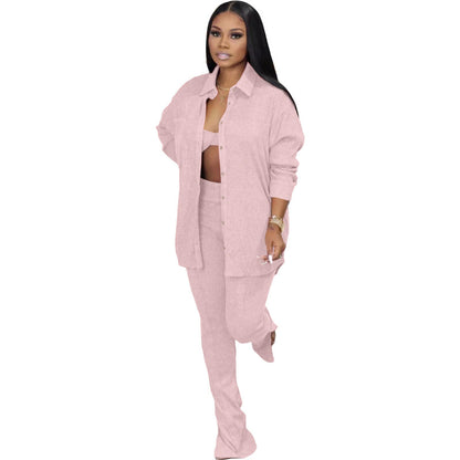 Conjunto informal de tres piezas para mujer: sujetador y camisa de manga larga con solapa y pantalón con abertura