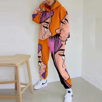 Conjunto de top y pantalón básico de manga larga con cuello redondo y estampado holgado para mujer