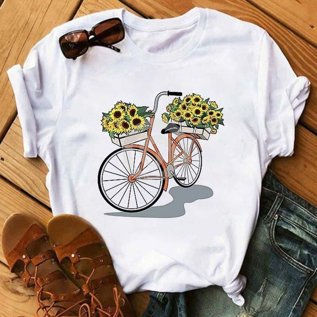 Camiseta holgada informal de manga corta con estampado de bicicleta para mujer