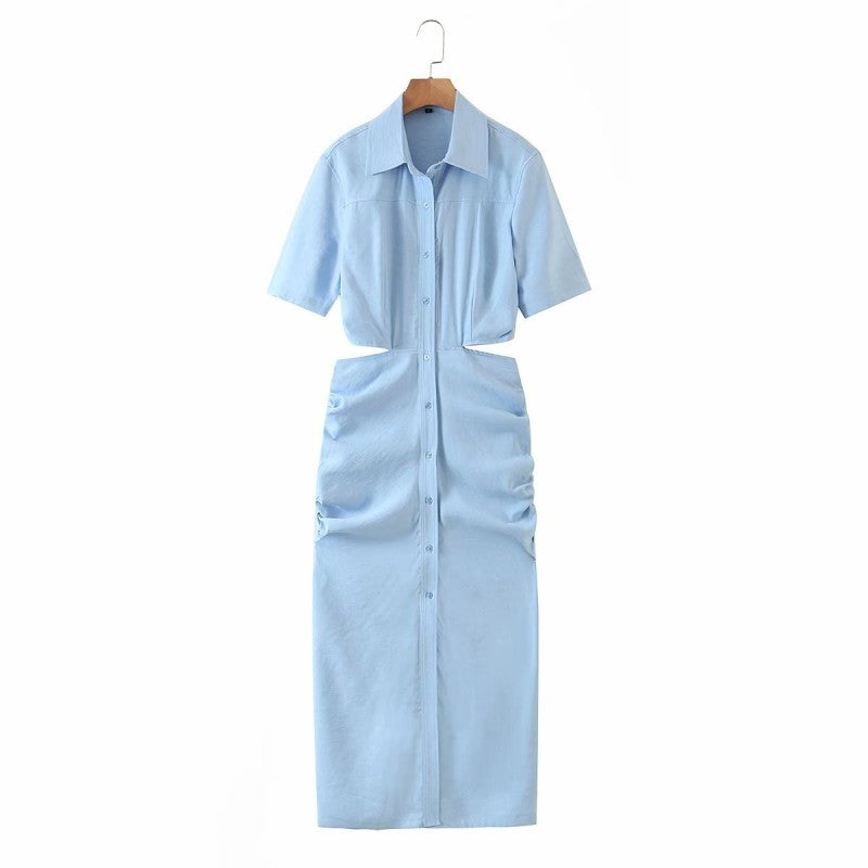 Women Casual Solid Color Back Hollow Short-Sleeved Buttoned Shirt Dress