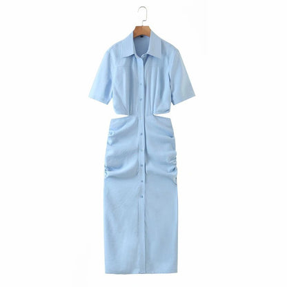 Women Casual Solid Color Back Hollow Short-Sleeved Buttoned Shirt Dress