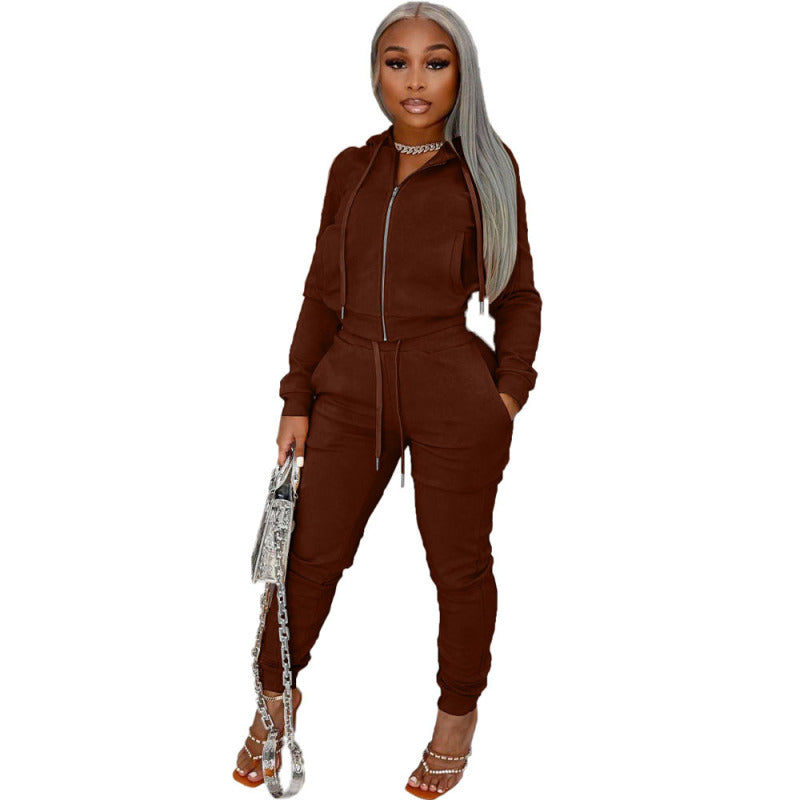 Conjunto deportivo informal de top y pantalón de manga larga con capucha y cremallera de color liso para mujer