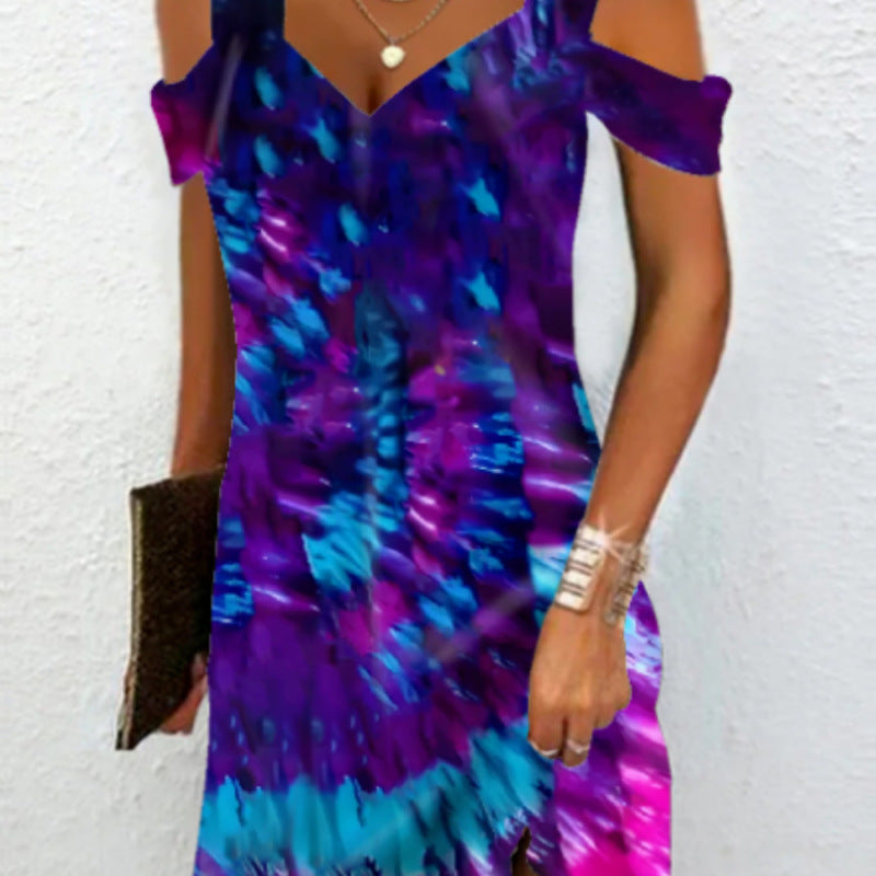 Women Fashion Casual Marble Printed Cool-Shoulder Dress