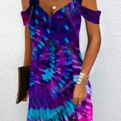 Women Fashion Casual Marble Printed Cool-Shoulder Dress