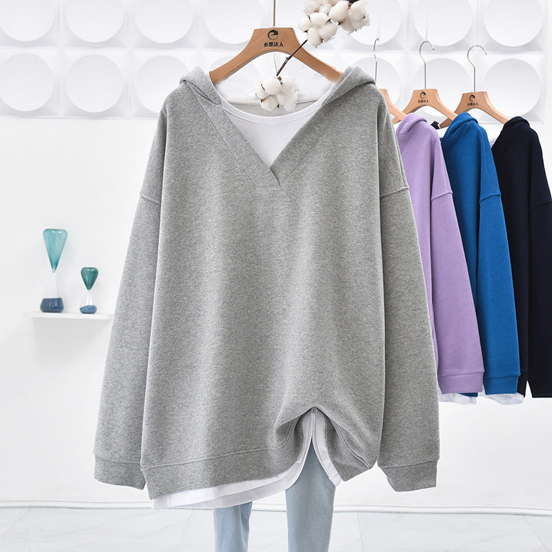 Sudadera con capucha informal de color liso con cuello en V y costuras para mujer
