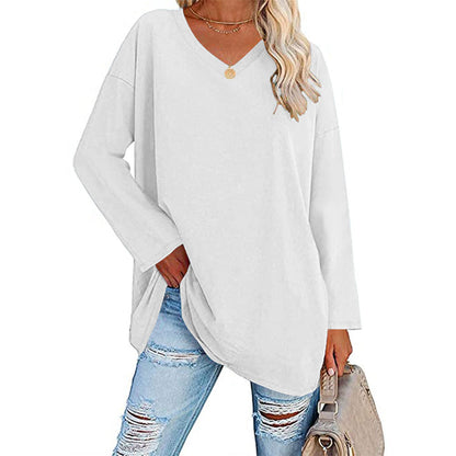 Camiseta informal de manga larga con cuello en V y color liso para mujer