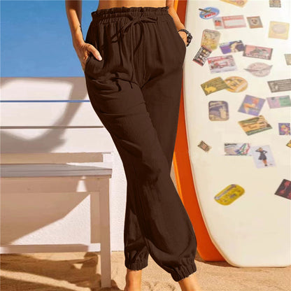 Women Fashion Casual Solid Color Elastic Waist Jogger Pants