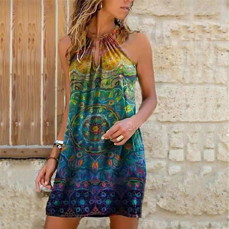 Vestido informal bohemio con cuello halter y estampado floral para mujer, talla grande
