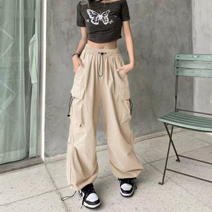 Pantalones cargo holgados de pierna de color sólido estilo retro informal para mujer
