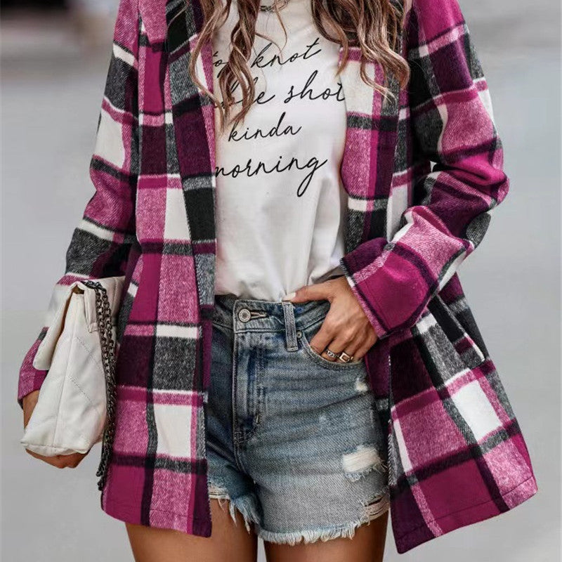 Chaqueta de punto de manga larga con bolsillo y estampado a cuadros holgado e informal de invierno para mujer