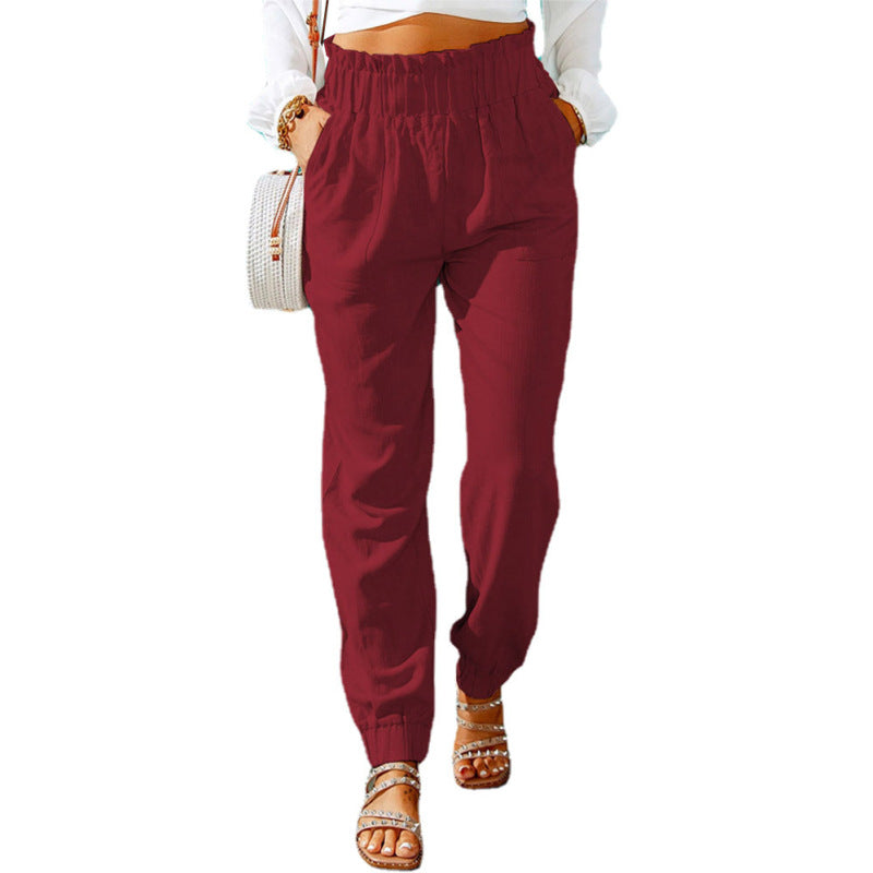 Women Ruffled Elastic Belt Mid Waist Solid Color Casual Jogger Pants