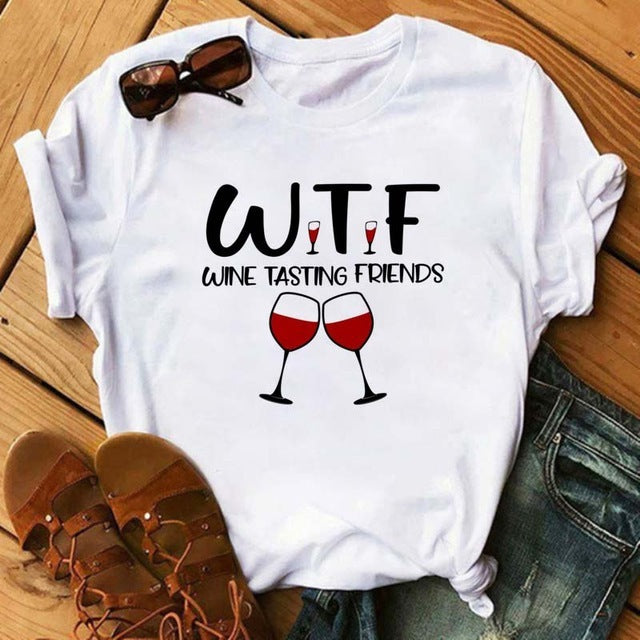 Camiseta holgada informal de manga corta con estampado gráfico de vino para mujer