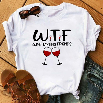 Camiseta holgada informal de manga corta con estampado gráfico de vino para mujer