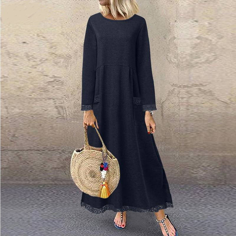 Vestido largo sencillo de color liso con mangas largas y costuras de encaje para mujer