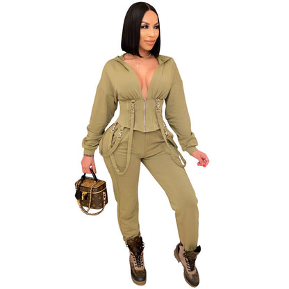Conjunto informal de dos piezas con top y pantalones cortos con capucha y cremallera para mujer
