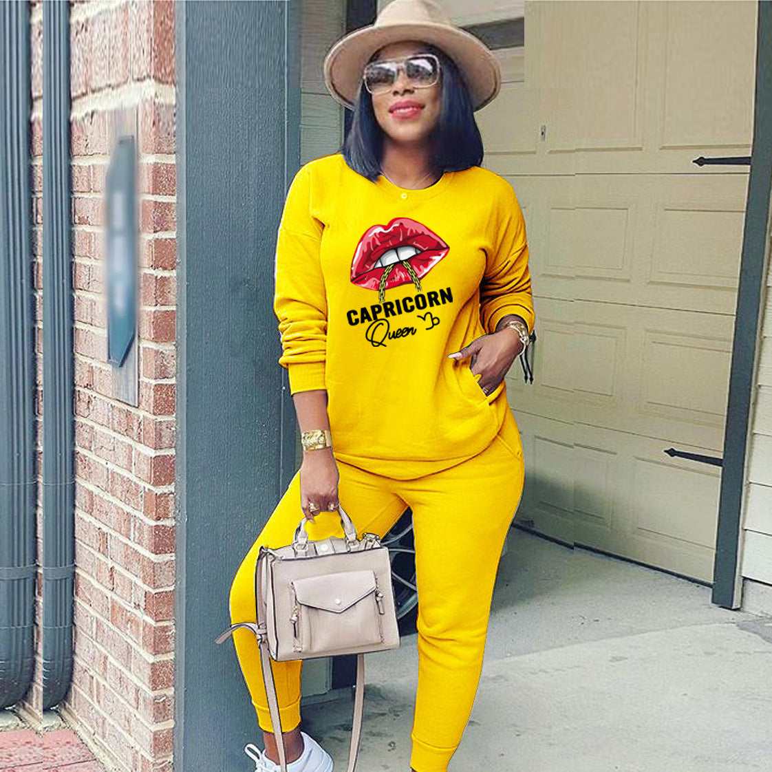 Conjunto deportivo de dos piezas para mujer, moda deportiva, sudadera de manga larga con estampado de labios y letras, pantalones casuales