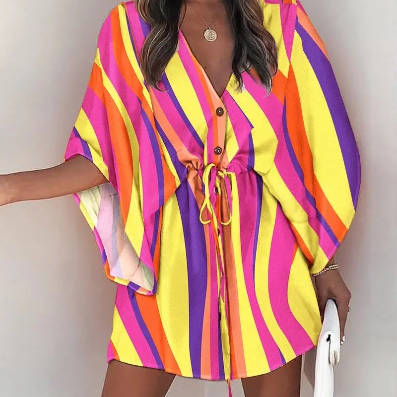 Women Elegant Bohemian Summer Short Sleeves V Neck Casual Bandage Holiday Dress