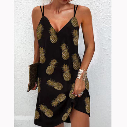 Summer Women Casual V-Neck Printed Mini Suspender Dress