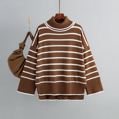 Autumn And Winter Women Casual Stripe Turtleneck Knitted Sweater