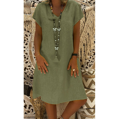 Clearance Sale Women Casual Solid Color Short Sleeve V Neck Dress