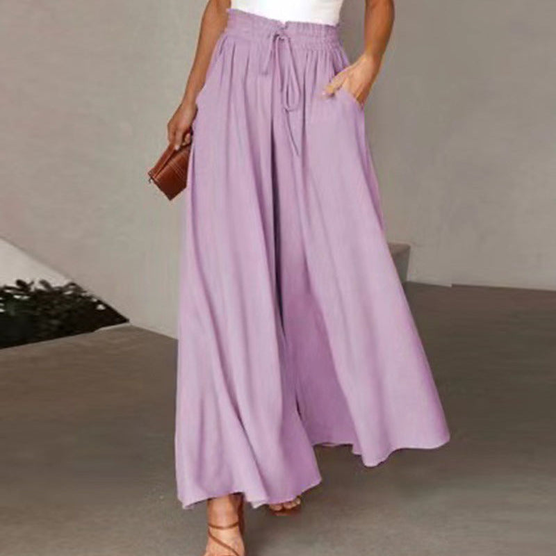 Women Solid Color Loose Casual Elastic Wasit Wide-Leg Pants